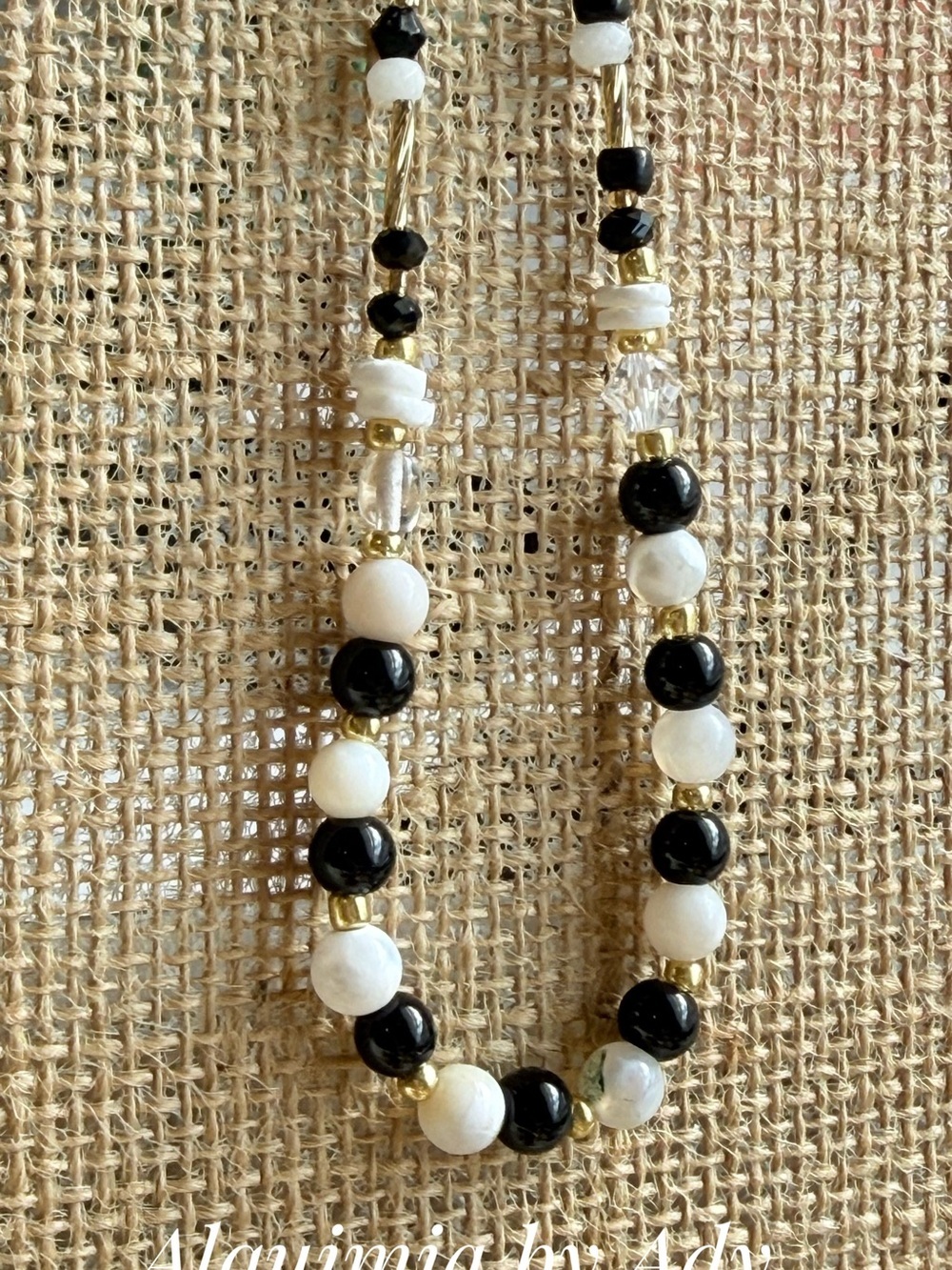 Black onyx White agate  & Gold Beaded Necklace